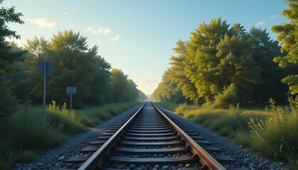 Fototapeta premium Sunlit railway tracks cutting through dense green forest under clear blue sky with soft natural
