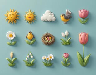 Naklejka premium Charming spring elements including smiling suns, birds, flowers, and a nest with eggs on a blue background.