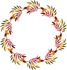 Autumn wreath with leaves and branches. A botanical circle shaped frame with space for copying text. Vector, white background.