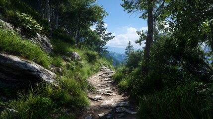 A winding mountain trail leads through lush greenery under a bright blue sky with scattered white clouds