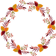 Autumn leaves, berries and twigs, circle shaped pattern, wreath, border. Text space, white background, vector illustration.