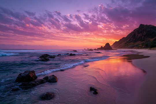 Peaceful coral and saffron sundown overlooking ocean bluffs and coastline
