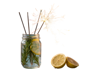 Glass jar with sparklers rosemary lemon slices isolated on a transparent background image