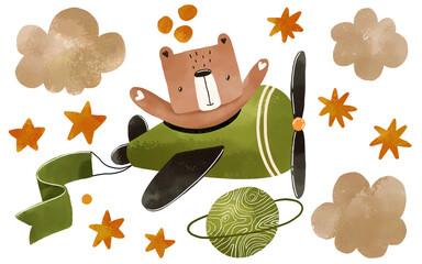 Set for baby shower. Cartoon bear fly on plane. Sky elements. Hand drawn watercolor illustration on isolated background