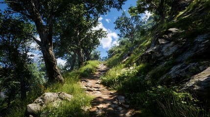 A rocky path winding uphill through a lush green forest with a bright blue sky and fluffy white clouds above