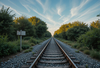 Fototapeta premium A serene railway track stretching through lush green trees under a vibrant sky with delicate cloud
