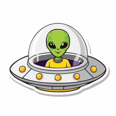 Cartoon illustration of a green alien with big eyes in a silver UFO spaceship with a transparent dome.