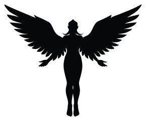 Obraz premium Angel silhouette wings spread black figure on white background illustration fantasy