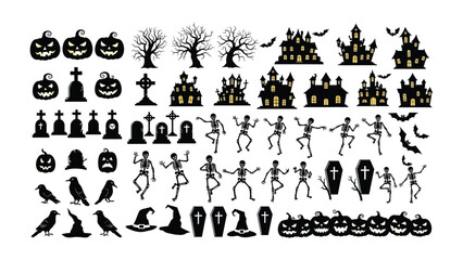 Halloween Icons Vector: Creepy icons of Halloween element such as pumpkin, graveyard, ghost house, skeleton etc in silhouette vector art.