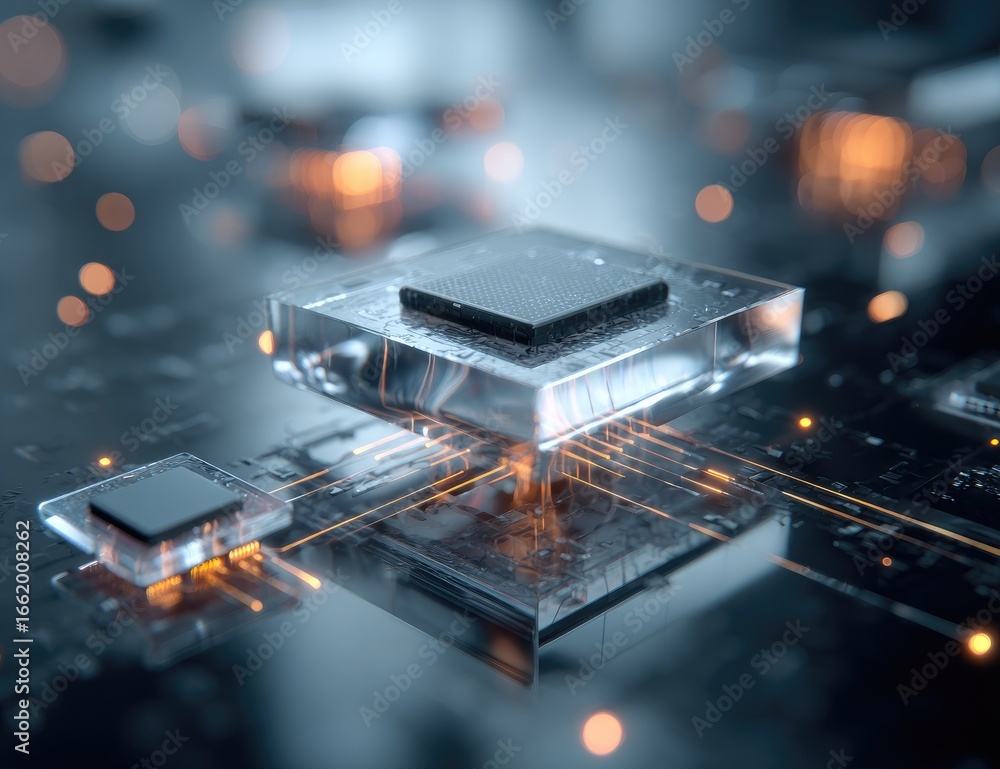 Poster a sleek, dark processor sits atop a transparent platform on a complex circuit board, illuminated by 