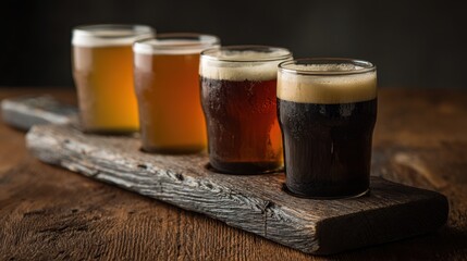 Four beer samples lined on a wood tray on a wood table for a bar menu design