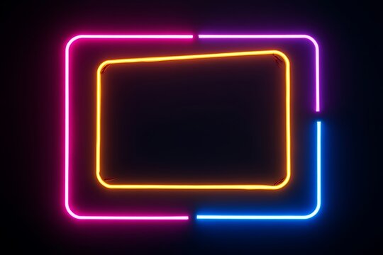 abstract glowing neon frame with pink, yellow, and blue lights on a dark background - Powered by Adobe