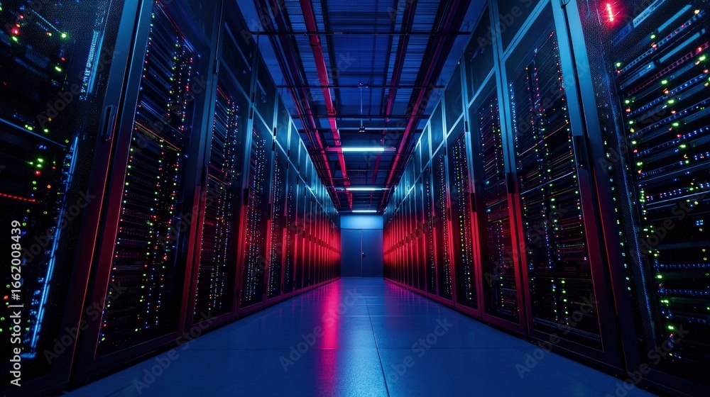 Aufkleber modern data center with illuminated server racks in red and blue lighting, perfect for technology, i