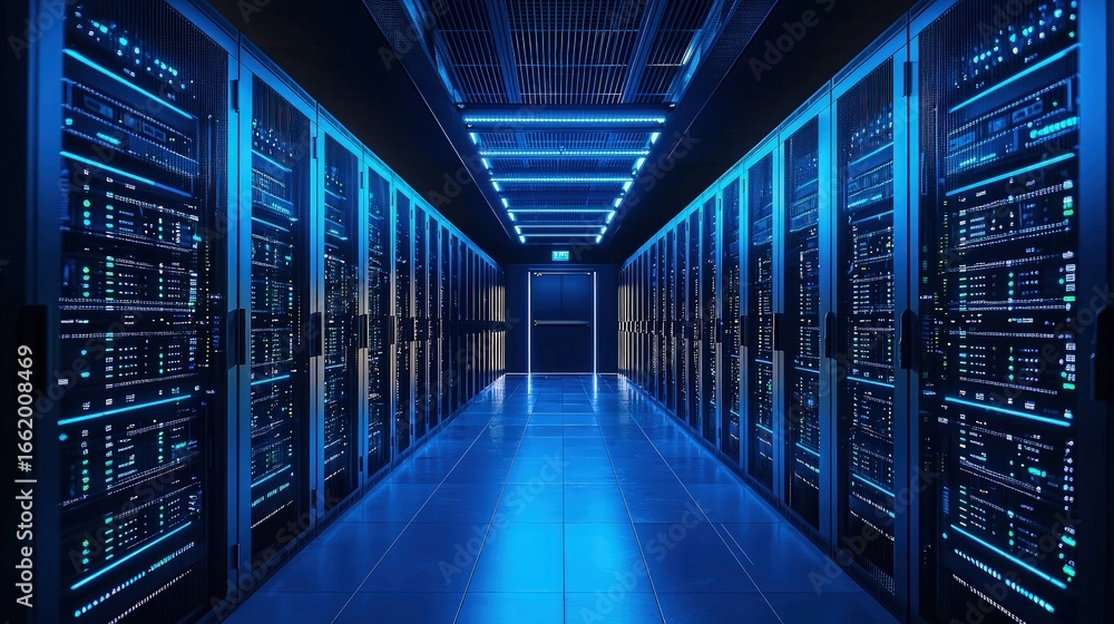 Poster advanced data center hallway with glowing blue lights and rows of high performance server racks, per