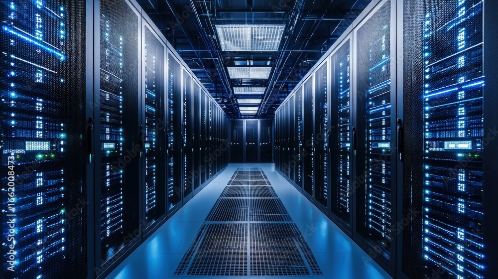 Poster high tech data center with rows of illuminated server racks and futuristic lighting, ideal for it in