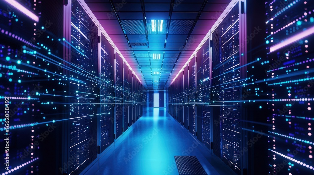 Poster futuristic data center with illuminated server racks and glowing digital light streams, ideal for it