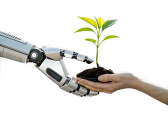 Robot and Human Hands Nurturing a Seedling Symbolizing Collaboration and Sustainable Technology for a Greener Future
