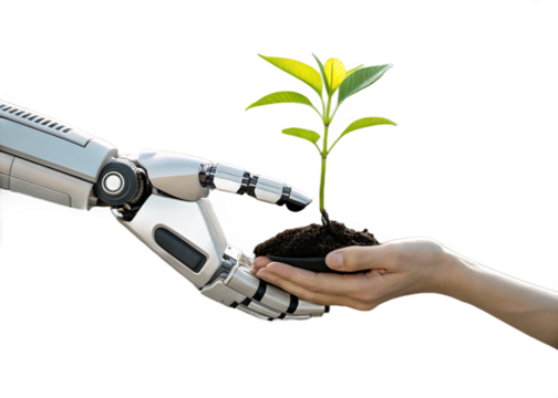 Robot and Human Hands Nurturing a Seedling Symbolizing Collaboration and Sustainable Technology for a Greener Future