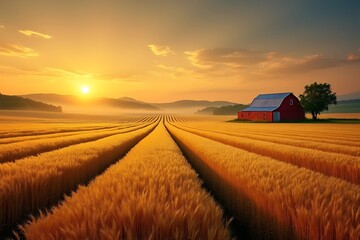 golden wheat field at sunrise with a red barn and rolling hills in the background
