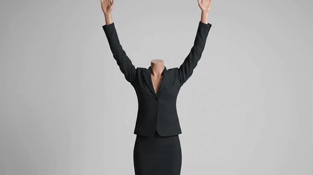 A headless mannequin in a business suit raises its arms against a plain backdrop
