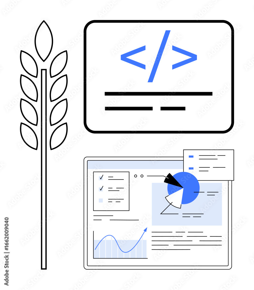 Poster coding interface with agriculture-themed elements, data visualization charts, pie chart, and code sy