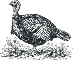 Detailed sketch of a wild turkey standing in grassy terrain with leaves and acorns