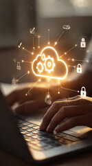 Person typing on laptop with bright orange cloud computing icon and network of icons technology data