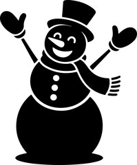 black silhouette of a joyful snowman with stick arms raised high in celebration
