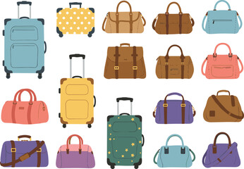 Vector Set of Travel Bags, Suitcases, and Handbags in Various Colors and Styles for Vacation, Packing, and Adventure Design