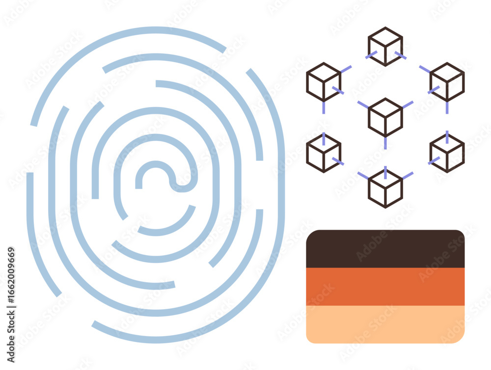 Aufkleber fingerprint graphic, blockchain cubes, and layered palette connote identity, digital security, and t