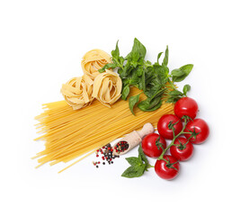 Different types of pasta and ingredients isolated on white, top view