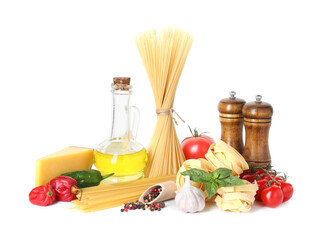 Different types of pasta and ingredients isolated on white