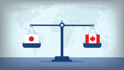 Balance Scale with Canada vs Japan Flags , International Relations and Global Trade Concept Vector