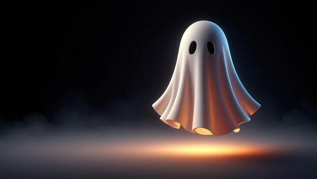 Ethereal specter gracefully floating amidst an enigmatic dark backdrop, emanating a captivating glow, perfect for Halloween themes.