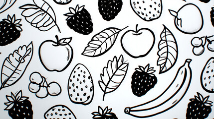 Summer Harvest Sketch: A charming monochrome illustration of various fruits and leaves scattered, creating a whimsical pattern. Perfect for conveying freshness and natural goodness.