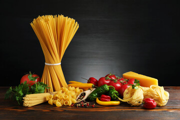 Different types of pasta and ingredients on wooden table