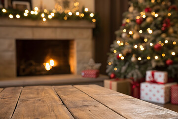 empty home wooden table christmas lights gift box blurry bokeh effect background hearth fire place festive holiday decor kitchen house backdrop cozy living cooking and gathering product showcase art