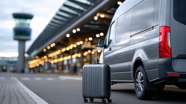 Fototapeta Gray shuttle van with suitcase at airport terminal