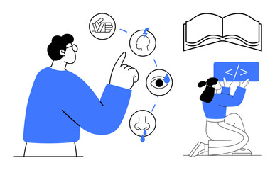 Man exploring sensory pathways with icons for touch, smell, and sight woman coding on a laptop an open book. Ideal for education, technology, innovation, e-learning, sensory themes, creative