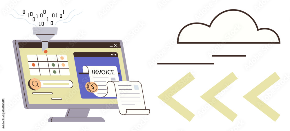 Poster computer screen displaying data analysis, invoice generation, binary codes, and cloud technology. id