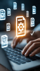 Person typing on laptop with glowing document icons and checkmarks symbolizing workflow file data