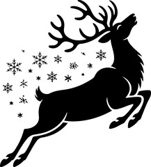 black silhouette of a majestic reindeer leaping gracefully through the air, legs extended in mid-jump