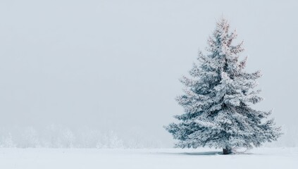 Fototapeta premium A solitary snow-covered evergreen stands in a vast, misty, snow-blanketed field, other frosted trees barely visible in the background