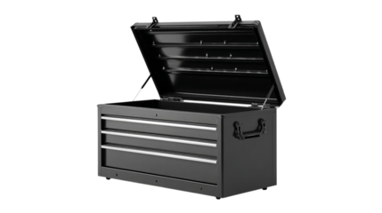 Png of A sleek black tool chest with three drawers, showcasing a modern design perfect for any DIY enthusiast.