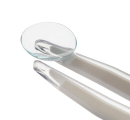Tweezers with contact lens isolated on white