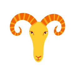 Fototapeta premium Cartoon yellow lamb head with orange curly horns on white background 