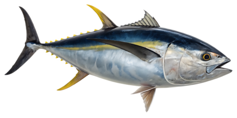 Magnificent Yellowfin Tuna Isolated Against Black Background Depicting Marine Wildlife and Fishing Resources for Culinary and Scientific Studies