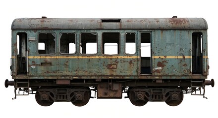 old rustic abandoned train carriage on white background