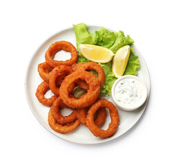 Fried squid rings, lemon, lettuce and sauce isolated on white, top view