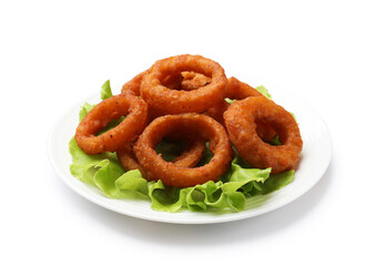Fried squid rings and lettuce isolated on white